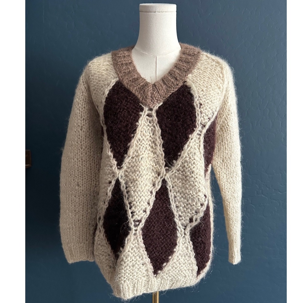 VTG Colvinni Italy Pure Mohair Argyle Sweater Hand Knit Brown Cream Medium